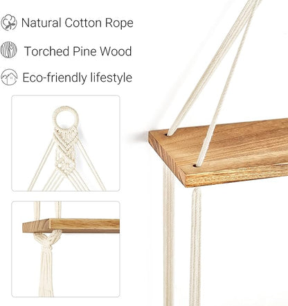 Mkono Macrame Hanging Shelf Boho Wall Decor 2 Tier Handmade Cotton Rope Rustic Wood Floating Shelves Display Photos Plants Hanging Storage Shelving for Living Room Nursery Bathroom Bedroom