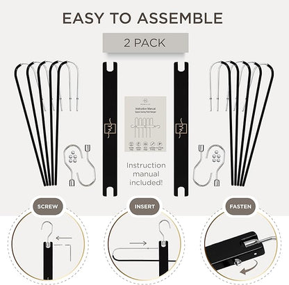 MORALVE Pants Hangers Space Saving - 2 Pack European Beechwood Scarf and Jean Hangers - Closet Organizer and Space Saver Pant Rack, Leggings Hanger, and Scarf Holder with 360° Swivel Hook