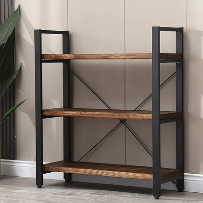 Natural Real Solid Wood Bookcase,3 Tier Metal and Wood Open Book Shelf Storage Farmhouse Wide Etagere Bookcase for Office Living Bedroom