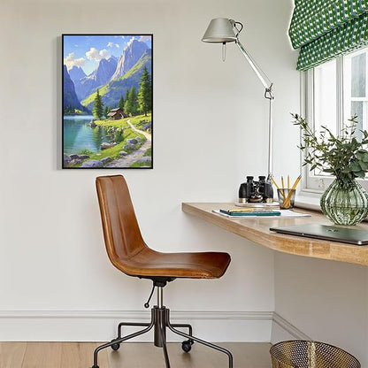 Landscape wall painting of mountain forest lakeside cabin under blue sky and white clouds natural oil painting poster suitable for living room bedroom office