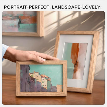 Homeforia 10x10 Picture Frame Wood, High-End Natural Oak 10 x 10 Thin Square Poster Frames with Mat 8 by 8 inch Photo, 10by10 Light Wooden Frame Matted to 8x8 Print, Tempered Glass, Wall Kit, Set of 1