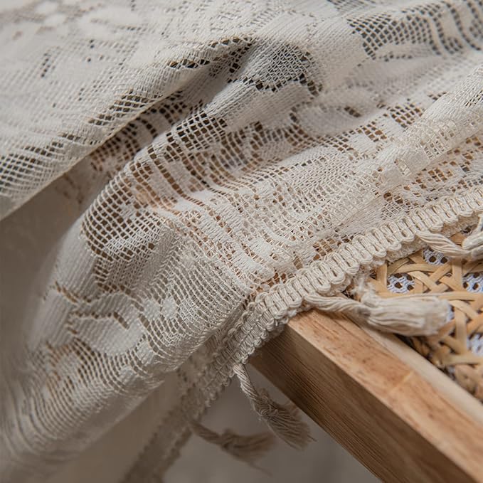 Sutuo Home Beige Boho Curtains for Bedroom Kid's Room,Bohemian Crochet Floral Embroidery Sheer Lace Curtains With Tassels Vintage Rustic Window Treatment Country Drape Rod Pocket 1 Panel 59" W x 90" L