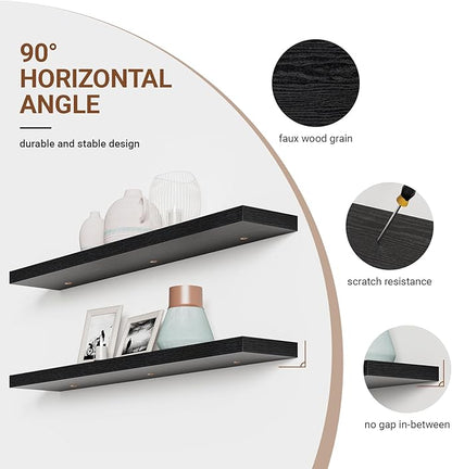 Heimlove 55 Inch Long Floating Shelves for Wall,9.3" Deep Black Floating Shelf Set of 2,Large Display Shelf & Storage Shelf,Wall Mounted Shelves for Bedroom Living Room Kitchen Office