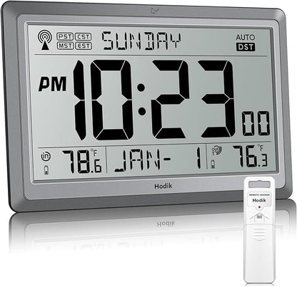 Wall Clock Atomic with Indoor Outdoor Temperature Battery Powered, Easy Reading with 10.5 Inch Large LCD Display, 330FT Range Table Wall Clock With DST, 12/24 Hour for Living Room Kitchen (Silver)