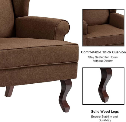 Accent Chair, High Back Upholstered Armchair with High Resilience Sponge & Wood Legs, Mid-Century Modern Comfy Single Sofa Reading Chairs for Living Room, Bedroom (Brown, Set of 2)