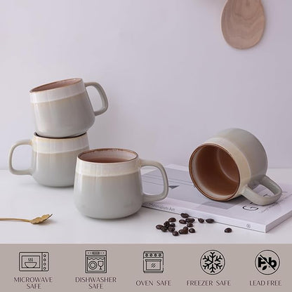 Ceramic Coffee Mugs Set of 4, 12 oz Stoneware Coffee Cups with Comfortable Handle for Latte, Tea, Cappuccino, Cocoa -Microwave and Dishwasher Safe - Modern Unique Aesthetic - Reactive Glaze
