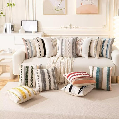 Boho Throw Pillow Covers 18x18 Set of 2 Christmas Decorative Cushion Case Striped Square Pillows Cover Chenille Pillow Cases Accent Neutral Pillowcase for Sofa Couch Bed,White Wine-red