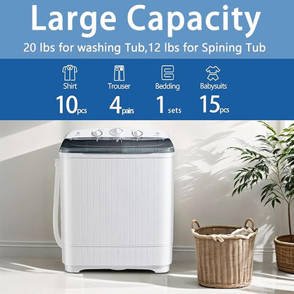 Portable Mini Twin Tub 32lbs Washing Machine With Drying Rack& 10 Hangers, 20lbs Washer & 12lbs Spinner, Small Laundry Washer with Time Control for Camping, Apartments, RV (32lbs)
