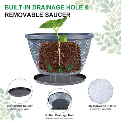 Outdoor Flower Pots for Plants Set of 3 Pack 11 Inch Planter Pot, Large Plastic Plant Pots Indoor Plants with Drainage Holes & Trays, Modern Decorative Garden Containers Sets for House(Blue)