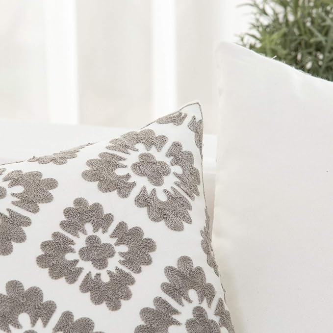 HWY 50 Grey Gray Decorative Throw Pillow Covers 18x18 Inch (1 Piece), Embroidered Cotton Farmhouse Cushion Cover Pillow Case for Sofa Couch Living Room Bed, Geometric Diamond Floral