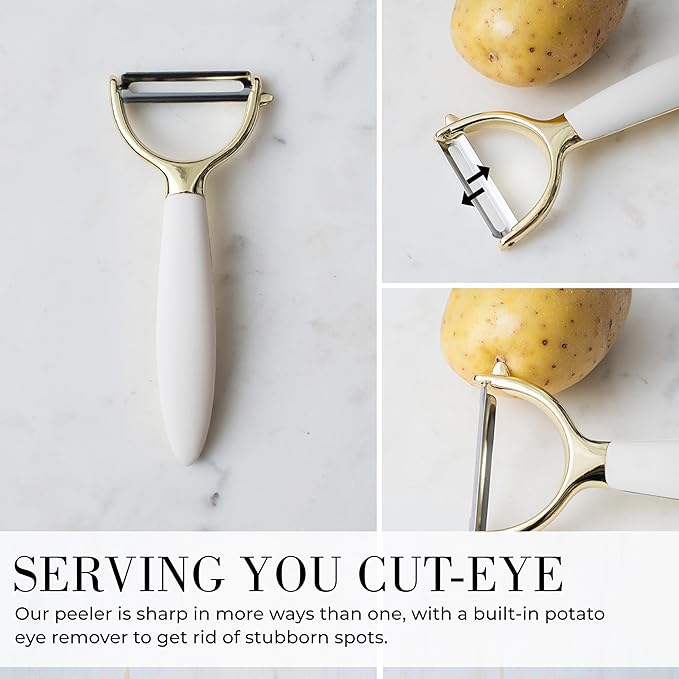 White & Gold Cooking Utensils Set - Luxe 8-Piece Kitchen Gadget Set Includes Can Opener, Tongs and Garlic Press - Stylish White and Gold Kitchen Accessories for Modern Kitchens, Ideal for Gifting