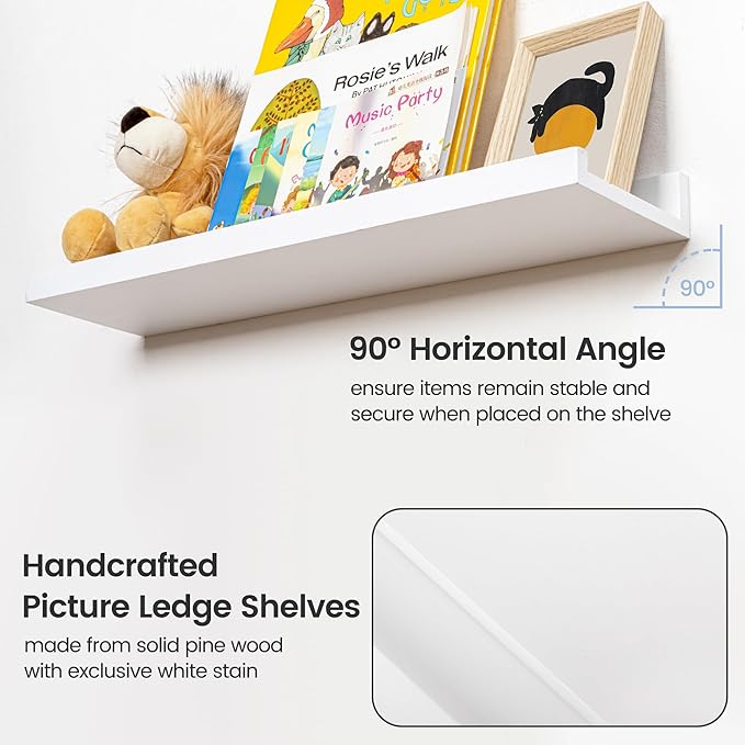 Picture Ledge Shelf for Wall, 56 inches Solid Pine Wood Nursery Book Shelves 3 Packs, Floating Ledge Shelves for Kids' Room Bedroom Bathroom Long Floating Shelves for Wall Nursey Wall Decor, White