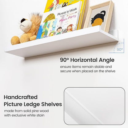 Picture Ledge Shelf for Wall, 56 inches Solid Pine Wood Nursery Book Shelves 3 Packs, Floating Ledge Shelves for Kids' Room Bedroom Bathroom Long Floating Shelves for Wall Nursey Wall Decor, White
