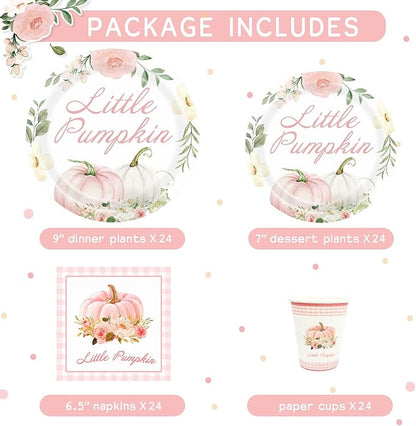 Aukolass Pumpkin Party Supplies Tableware Set - Fall Theme Party Decorations Including Plates, Napkins and Cups for Pumpkin Birthday and Baby Shower Party, Serves 24 Guests (pink)