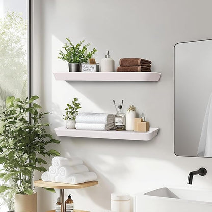 24"x6.8"x1.6" Slanted Floating Wall Shelves 2-Pack - Rustic White Finish, Heavy-Duty Solid Wood Design with Hidden Brackets - Perfect for Living Room, Kitchen, Bathroom, or Office