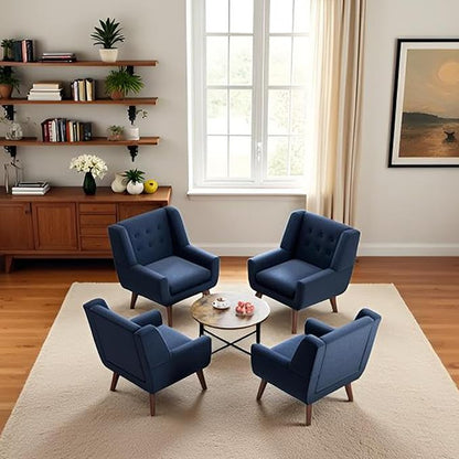 HUIMO Accent Chairs Set of 4, Upholstered Button Tufted Armchair, Linen Fabric Sofa Chairs for Bedroom, Living Room, Mid Century Modern Comfy Reading Chair (4, Dark Blue)