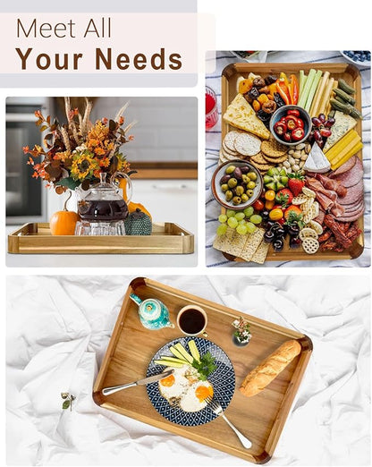 22 Inches Acacia Wood Serving Tray with Handles, Large Wooden Rectangle Ottoman Tray, Nice Home Decor for Living Room Coffee Table Couch, Ideal Size for Serving Food Breakfast BBQ Party