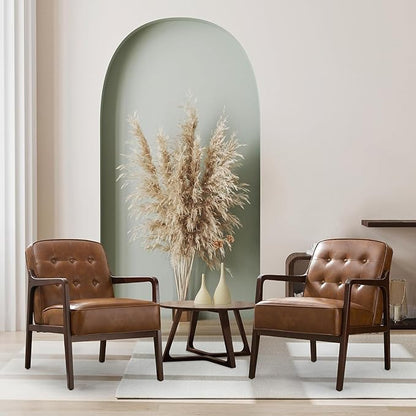 Faux Leather Accent Chair Set of 2, Mid Century Chair for Living Room, Upholstered Comfy Lounge Armchair with Solid Wood Frame, Modern Chair for Bedroom,105°Ergonomic Comfort, Brown