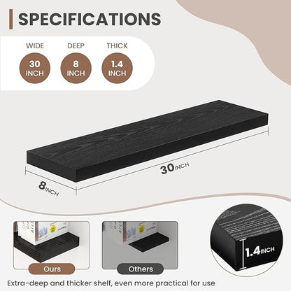30 Inch Floating Shelves, 8 Inch Deep Floating Shelves for Wall, Hanging Shelf with Invisible Brackets, Deep Shelves for Bathroom, Bedroom, Living Room, Black, Set of 2