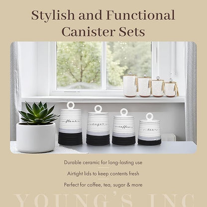 Youngs 21207 Ceramic Canister with Wood Lid and Silicon Seal, Crystal Knob and Blessing Bead Tassel Accent, 4-piece Set