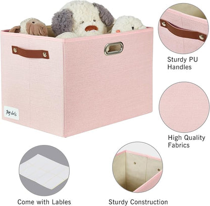 3-Pack Foldable Fabric Storage Bins with Durable PU & Metal Handles, Collapsible Storage Baskets for Shelves, Home Storage, Closet Organizers, Living Room(17"x11.8"x11.8", Pink)