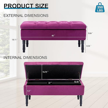 Ottoman with Storage Velvet Storage Bench Holds Up to 500 lbs Ottomans Upholstered Bench with Seating for Bedroom, Living Room, Purple
