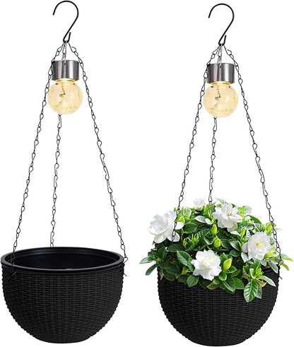 Hanging Baskets for Plants Outdoor - 2 Pack Black Plastic Solar Flower Pots with Drainage Holes & Removable Saucer, Self-Watering Hanging Planters for Garden, Porch, Balcony, Patio