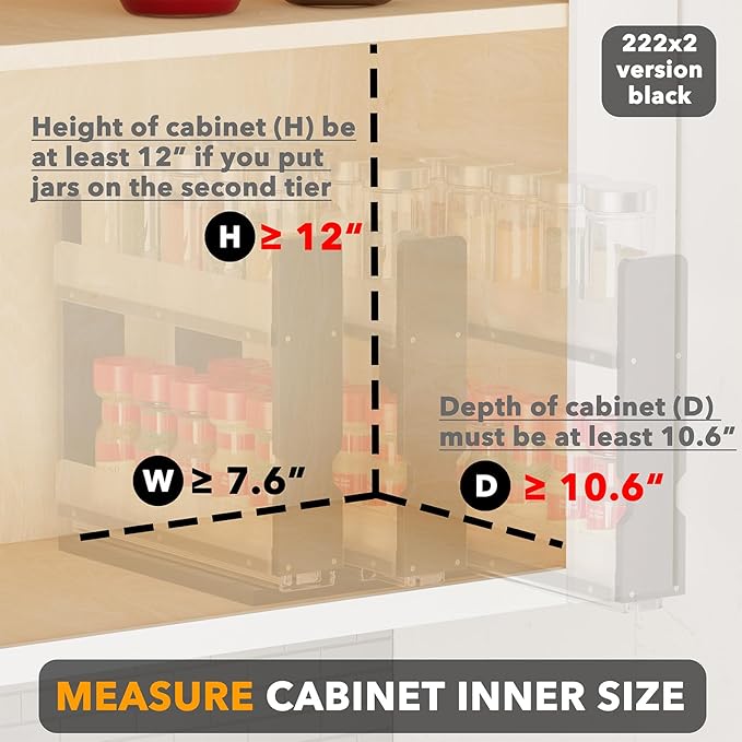 SpaceAid Bamboo Pull Out Spice Rack Organizer for Cabinet, Heavy Duty Slide Out Seasoning Kitchen Pantry Sliding Vertical Organization, 7.6" Wide, 3 Drawers(2" Wide), 2-Tier, Black