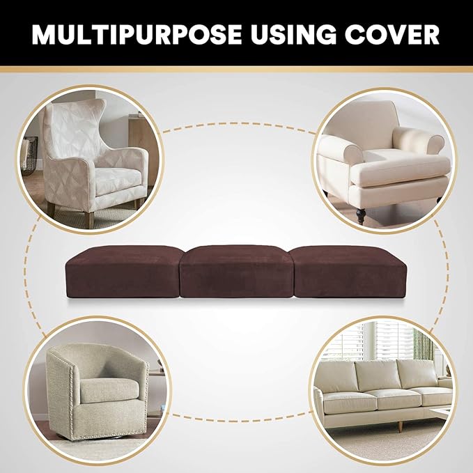 PrinceDeco Velvet Couch Cushion Covers 3 Pieces Velvet Separate Couch Cover Stretch Sofa Slipcover Washable Furniture Protector for Sectional Sofa Each Width Up to 40", Brown
