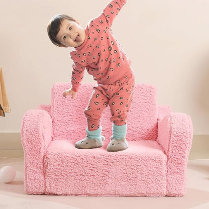 Kids Chairs for Toddler, 2-in-1 Toddler Soft Sherpa Couch Fold Out, Convertible Sofa to Lounger for Girls and Boys, Pink