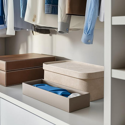 La Jolie Maison Vegan Leather Storage Boxes with Lids, Set of 3 Decorative Storage Containers Organize Stackable Storage Box, Beige
