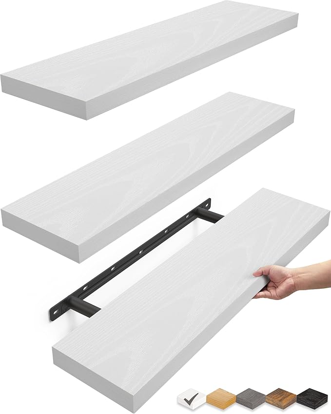 BAYKA Floating Shelves for Wall, 22.5 inches Wall Mounted Rustic Wood Shelves for Bathroom, Bedroom, Living Room, Floating Shelves for Books/Storage/Decor (White,Set of 3)