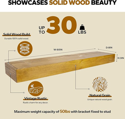 Floating Shelves 3 inch Thick for Wall Set of 2,Solid Pine Wood Wall Mount Shelf for Kitchen Living Room Bedroom Bathroom,8" D x 60" L x 3" H-Gold Oak