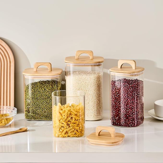Sweejar 1 qt Glass Food Storage Containers with Lids, Coffee Container for Ground Coffee, 32 oz Glass Jars with Bamboo Lids, 1 Pack
