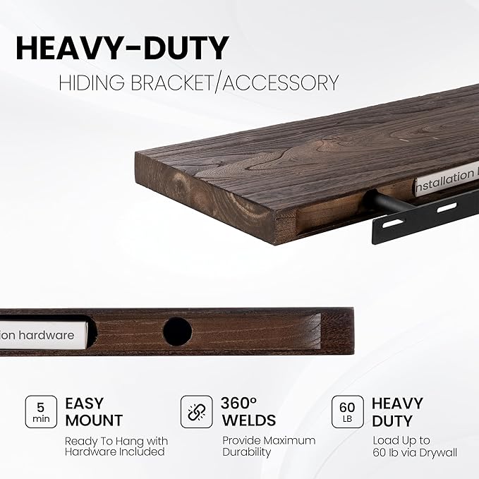 Fun Memories Floating Shelves for Wall, 24"x9.3" Rustic Solid Elm Wood Shelves, Heavy-Duty Wall Mounted Shelves with Invisible Brackets, Set of 2 for Living Room, Bedroom, Kitchen, Walnut Finish