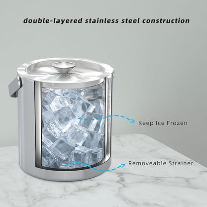 Small Ice Bucket with Lid and Tongs,1.3L Portable Mini Double Walled Ice Cube Bucket for Cocktail Bar Stainless Steel Cute Insulated Ice Buckets for Parties