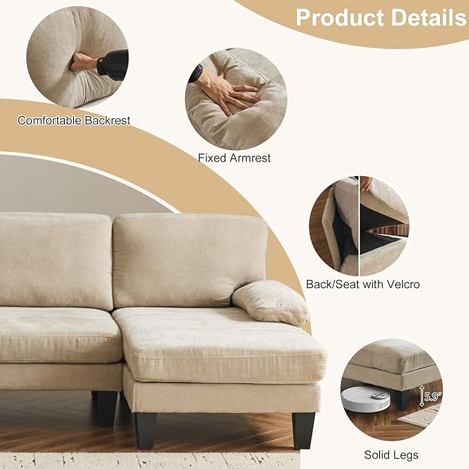 Karl home U-Shape Sectional Sofa Couch 111" Modern 4-Seat Sofa with Chaises Chenille Fabric Upholstered Covertible Couch with Wood Grain Legs for Living Room, Reception Room, Apartment, Khaki
