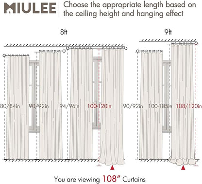 MIULEE 100% Blackout Curtains 108 Inch Long 2 Panels Set for Bedroom, Thick Faux Linen Black Out Curtain Room Darkening Back Tab Pleat Window Textured Drapes with Hooks for Living Room, Bright White