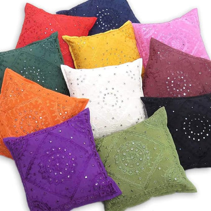 Eyes of India Embroidered Decorative Boho Throw Pillow Cover with Mirrors, Handmade Bohemian Accent Cushion Case for Sofa Couch Bedroom Living Room (Burgundy, 24" x 24")