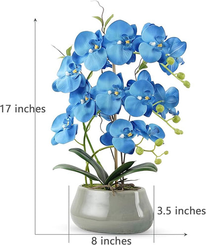 Orchid Artificial Flowers with Gray Vase Large Silk Faux Phalaenopsis Flowers for Dining Room Table Floral Centerpieces Indoor Decoration,Blue