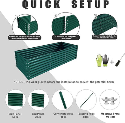 1 Pack 8x3x2FT Galvanized Raised Garden Bed Kit Retangular Metal Ground Planter Box Outdoor Bottomless Planter Raised Beds for Vegetables Flowers Herbs Fruits, Green