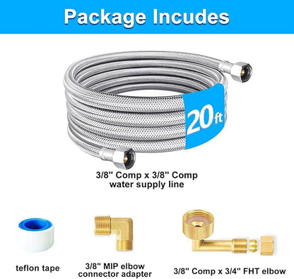 Dishwasher Installation Kit - 20 FT Premium Stainless Steel Braided Dishwasher Hose kit,Food Grade PEX Inner Tube Dishwasher Water Supply Line with 3/8"x3/8"MIP Elbow,3/8"x 3/4" FHT Elbow