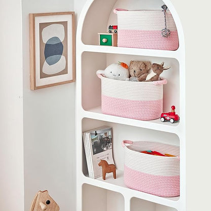 Storage Baskets for Organizing | 15"x10.2"x9.1" - 1 Pack Nursery Bin with Handles - Woven Cotton Rope Baskets for Dog Toys, Books, Shelf, Bathroom,Closet -Pink Basket for Girls