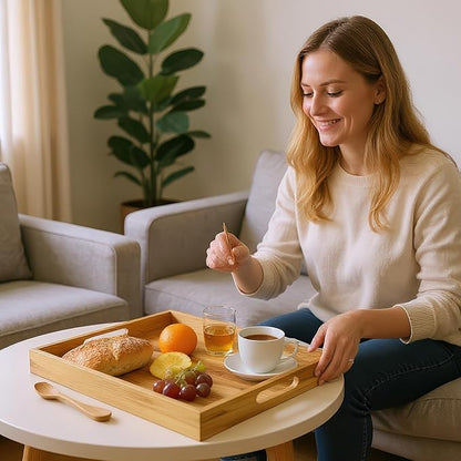Koppen Acacia Wood Serving Tray with Handles, 17" x 13.86", Large Wooden Platter for Breakfast, Ottoman Tray for Party, Snacks, Fruit, Coffee Table, Living Room, Sofa, Bed, Outdoor