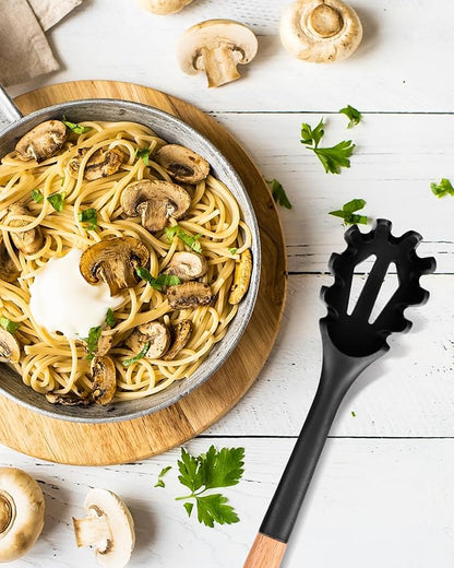 Silicone Pasta Fork, Kitchen Heat Resistant Noodle Spoon Server, BPA Free Spaghetti Strainer,12.8 inch (Black)