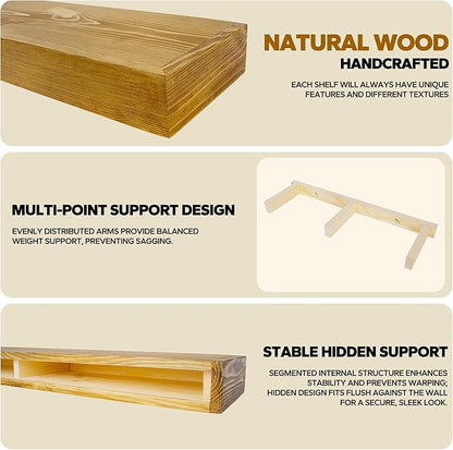 Floating Shelves 3 inch Thick for Wall Set of 2,Solid Pine Wood Wall Mount Shelf for Kitchen Living Room Bedroom Bathroom,8" D x 24" L x 3" H-Gold Oak