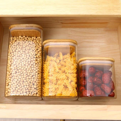 Glass Food Storage Jars with Lids(24oz/37oz/50oz)Square Set of 6 ,Glass Storage Containers Clear Glass Food Canister with Bamboo Lid Airtight For Serving Tea, Coffee Beans, Candy,Spice and More