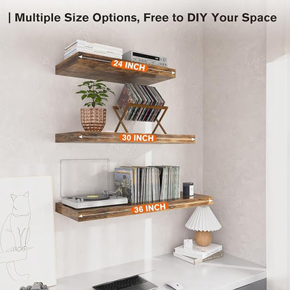 Floating Shelf, Set of 2 Wall Shelf, 36 in W x 12.75 in D x 2 in H Wooden Floating Wall Shelf with Invisible Brackets for Living Room/Bedroom/Bathroom/Kitchen Storage and Decor, Rustic Brown