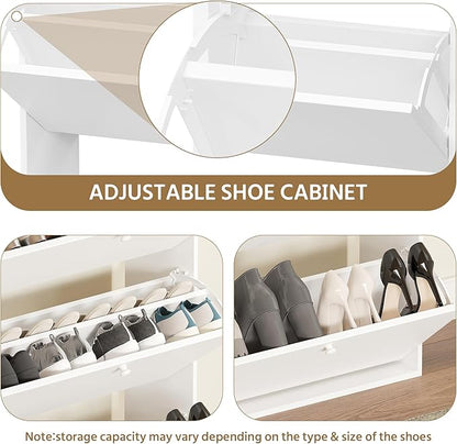 Shoe Cabinet Set of 2 with 3 Flip Drawers, Narrow Shoe Cabinet with 9 Hooks Coat Rack, Freestanding Shoes Storage Cabinets with Adjustable Shelves for Entryway, Hallway, Living Room, White