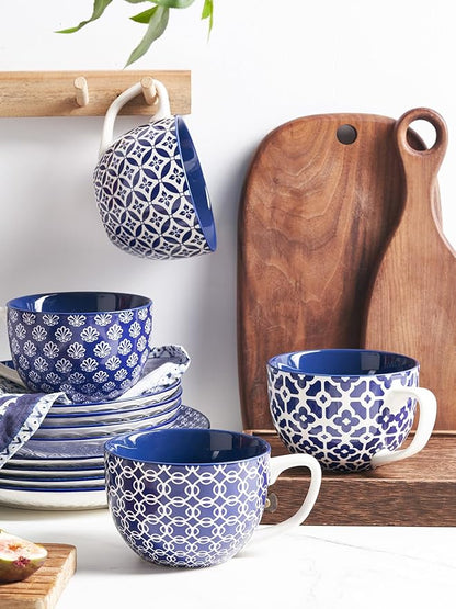 DOWAN Coffee Mugs Set of 4, 24 oz Large Coffee Mugs, Jumbo Soup Mugs With Handles, Ceramic Coffee Cups for Coffee Cereal Latte for Men Women, Housewarming Wedding Gift, Vintage Blue